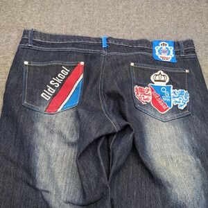 Old Skool Jeans Mens 40x33 Blue Embroidered Baggy Faded Dark Wash Streetwear